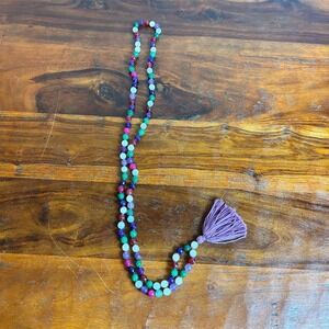 Handmade Multicolor‎ Glass & Quartz Mala Necklace with Purple Tassel
